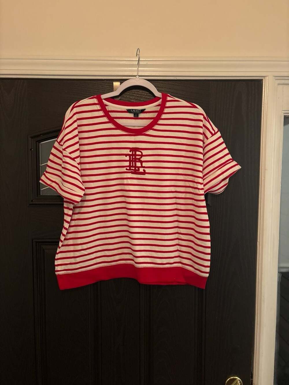 Lauren Ralph Lauren Red & White Striped Short Sleeve Monogram Sweatshirt Size XL